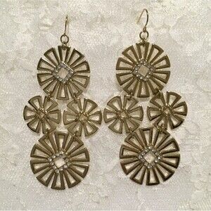 Gold tone Large Floral Mod Earrings Rhinestone Accents Chandelier Hook close